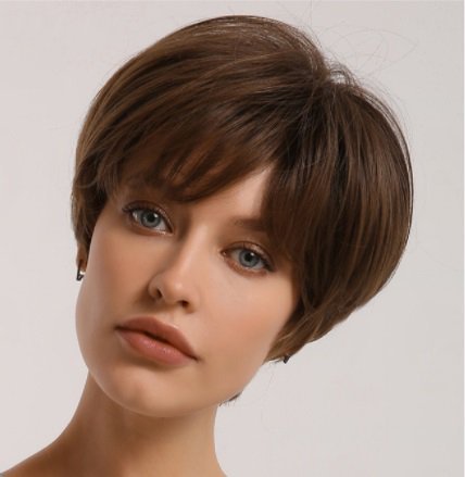 Short Pixie Cut Synthetic Wigs with Bangs Natural Brown Layered Wig for Women Straight Ladies Hair Daily Heat Resistant
