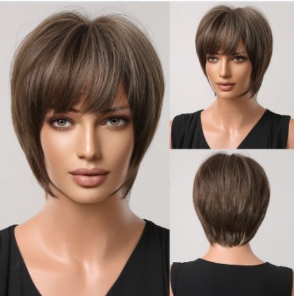 Short Pixie Cut Synthetic Wigs with Bangs Natural Brown Layered Wig for Women Straight Ladies Hair Daily Heat Resistant