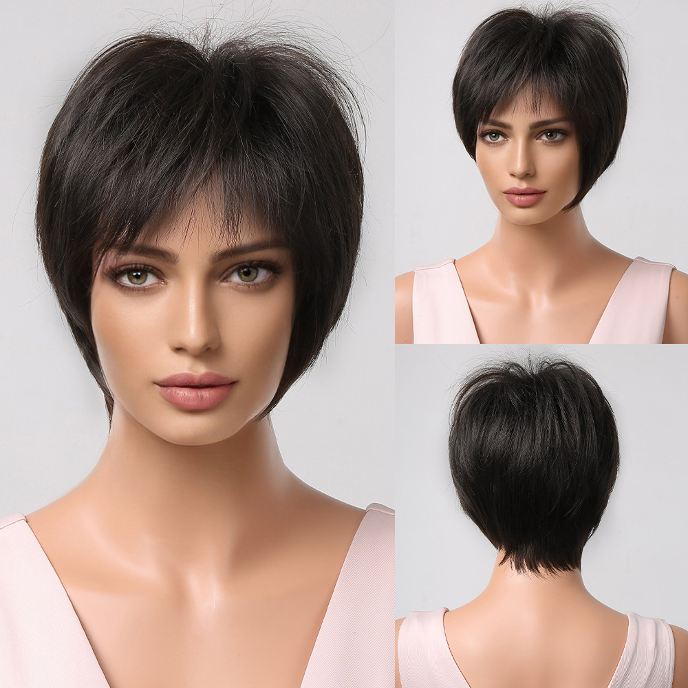Short Pixie Cut Synthetic Wigs with Bangs Natural Brown Layered Wig for Women Straight Ladies Hair Daily Heat Resistant