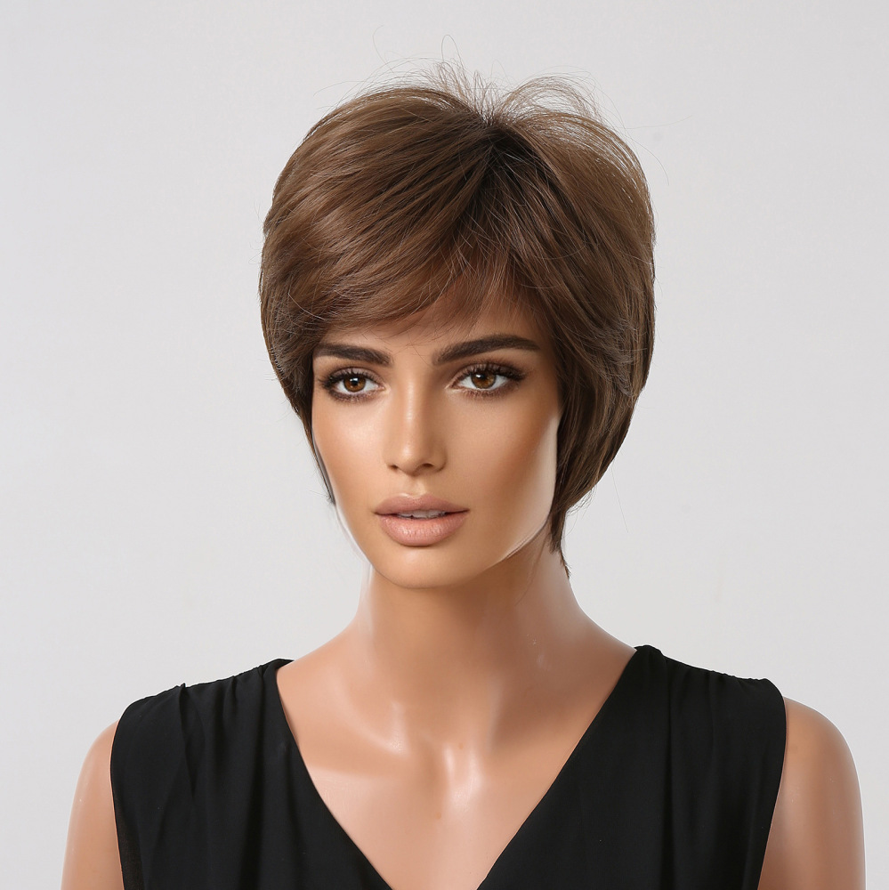 Short Pixie Cut Synthetic Wigs with Bangs Natural Brown Layered Wig for Women Straight Ladies Hair Daily Heat Resistant