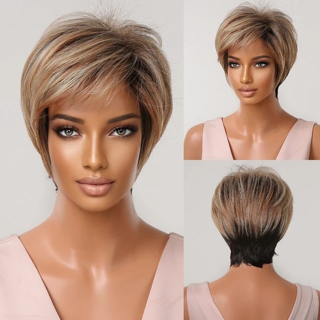 Short Pixie Cut Synthetic Wigs with Bangs Natural Brown Layered Wig for Women Straight Ladies Hair Daily Heat Resistant