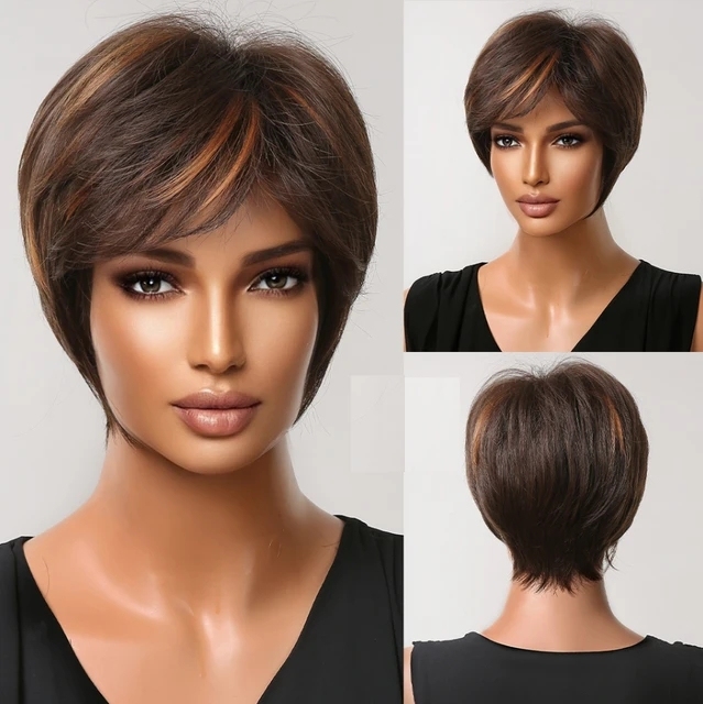 Short Pixie Cut Synthetic Wigs with Bangs Natural Brown Layered Wig for Women Straight Ladies Hair Daily Heat Resistant