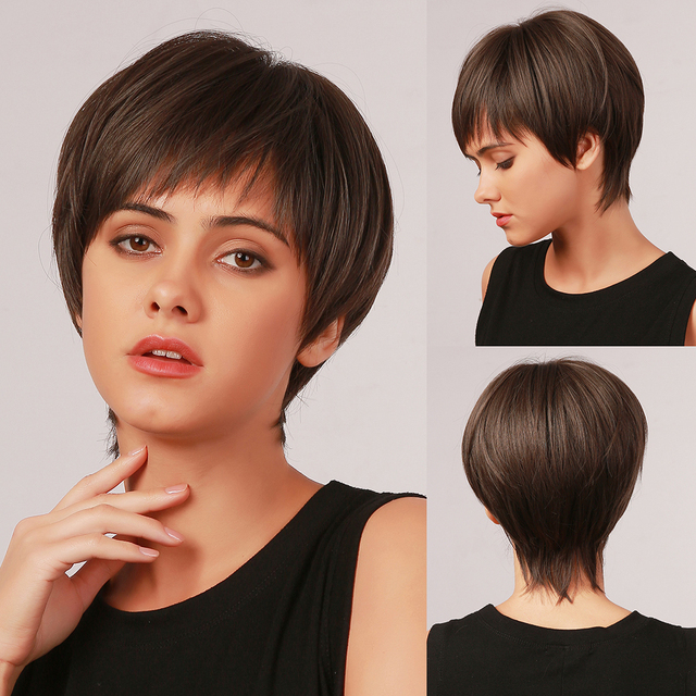 Short Pixie Cut Synthetic Wigs with Bangs Natural Brown Layered Wig for Women Straight Ladies Hair Daily Heat Resistant