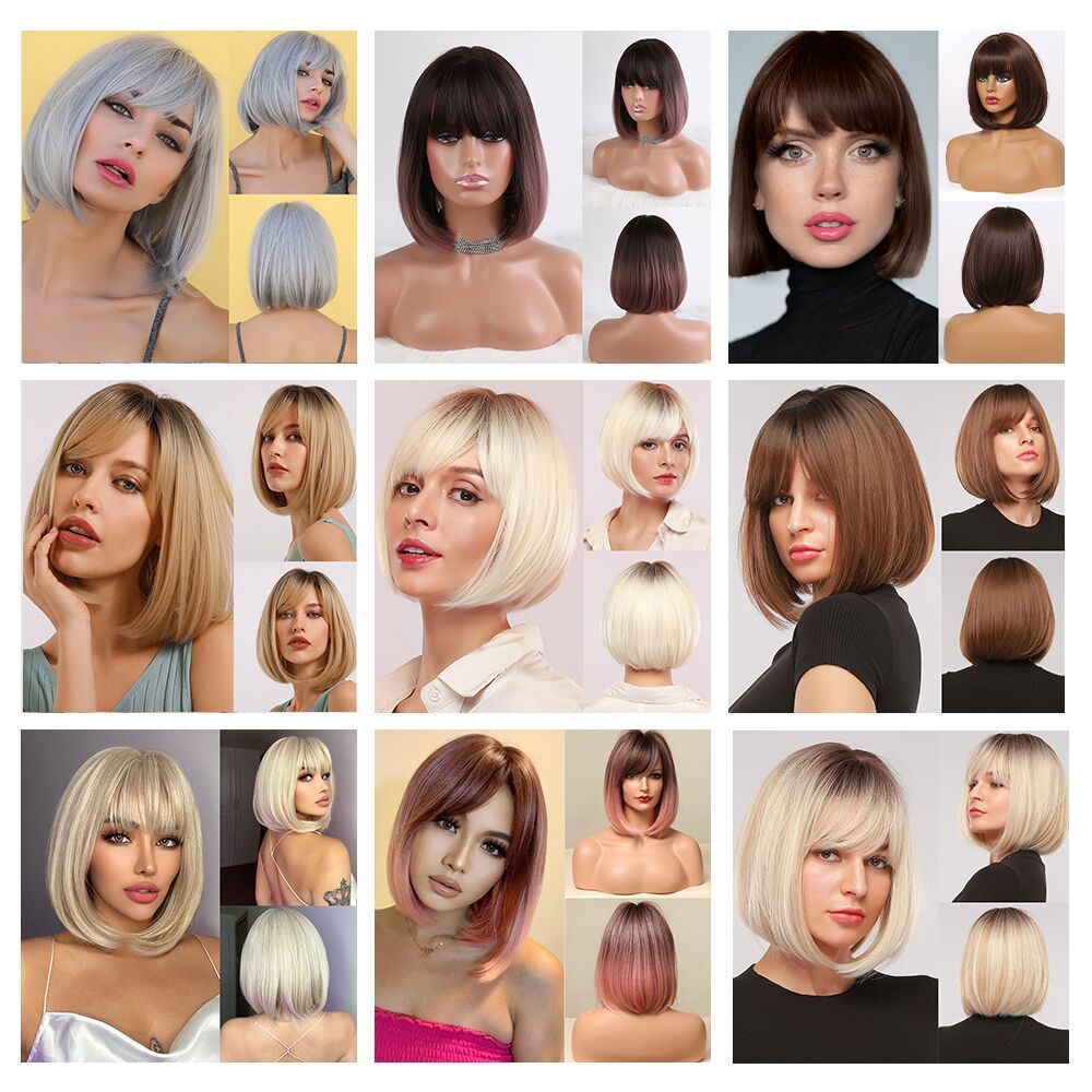 Short Straight Ombre Synthetic Wigs Light Brown Golden Bob Wigs with Bangs for Women Daily Cosplay Party Natural Wigs