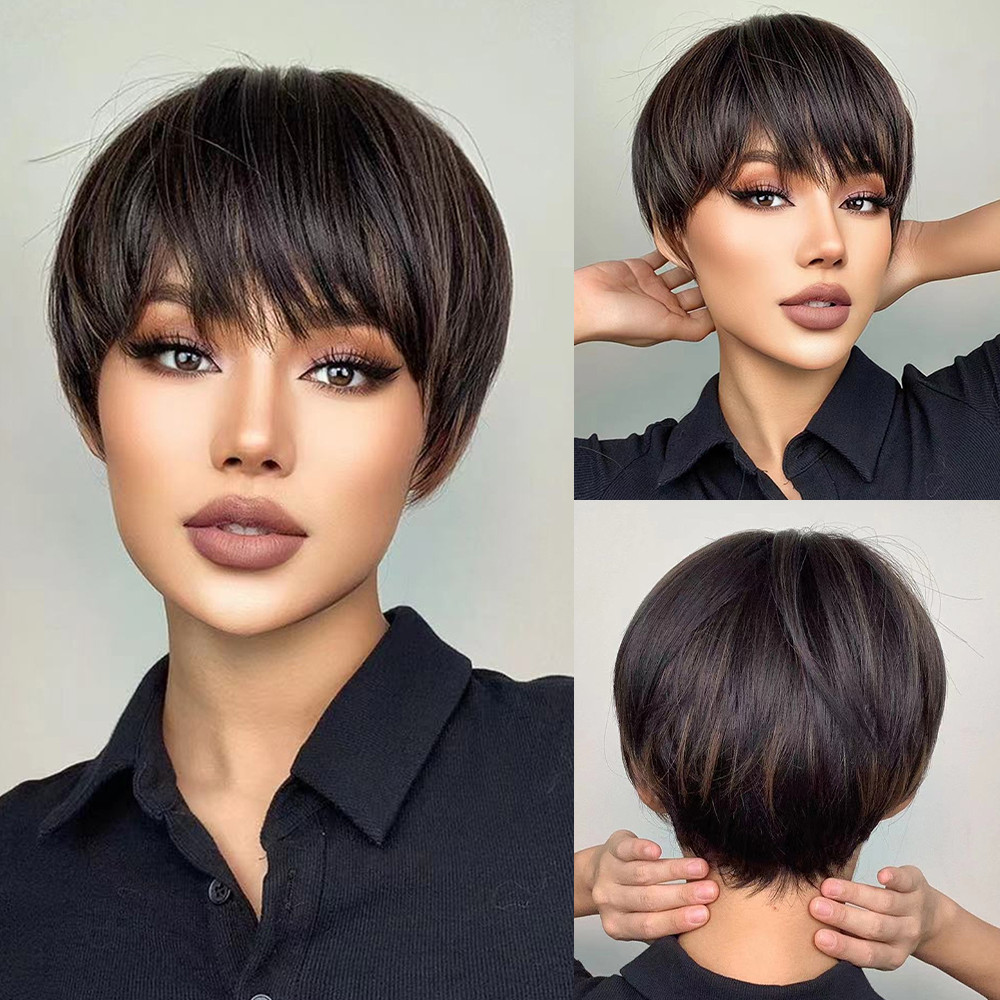 Short Pixie Cut Synthetic Wigs with Bangs Natural Brown Layered Wig for Women Straight Ladies Hair Daily Heat Resistant