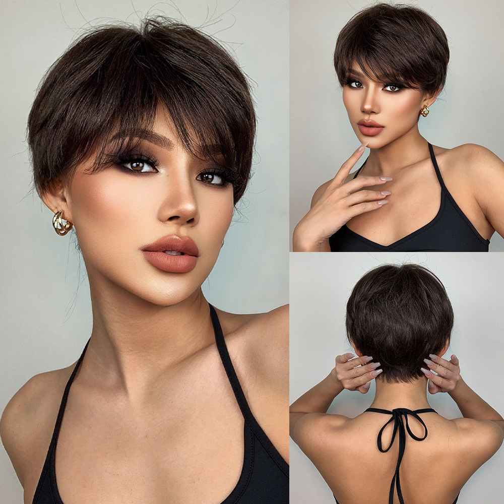 Short Pixie Cut Synthetic Wigs with Bangs Natural Brown Layered Wig for Women Straight Ladies Hair Daily Heat Resistant