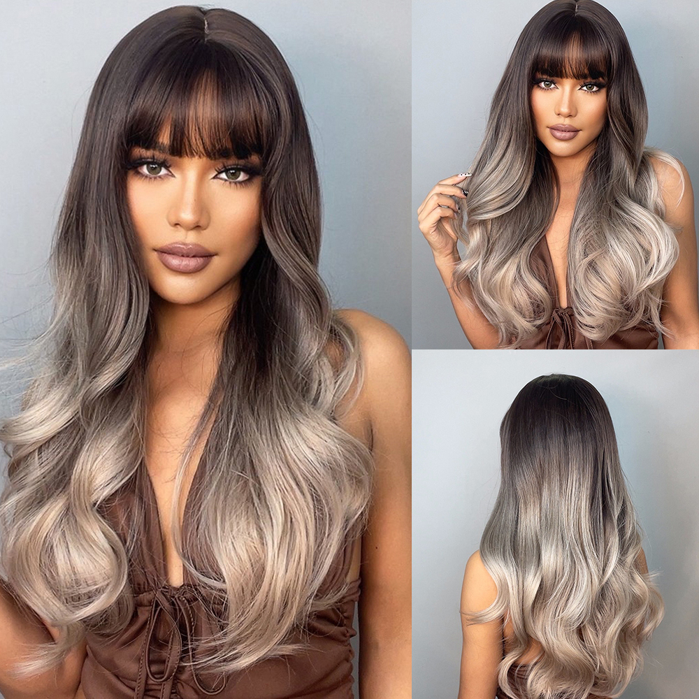 Copper Ginger Long Wavy Synthetic Wigs Red Yellow Wig with Bangs for Women Natural Cosplay Body Wave Heat Resistant Wig