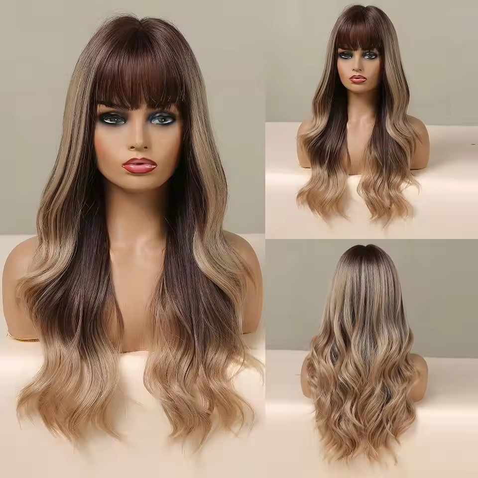 Copper Ginger Long Wavy Synthetic Wigs Red Yellow Wig with Bangs for Women Natural Cosplay Body Wave Heat Resistant Wig