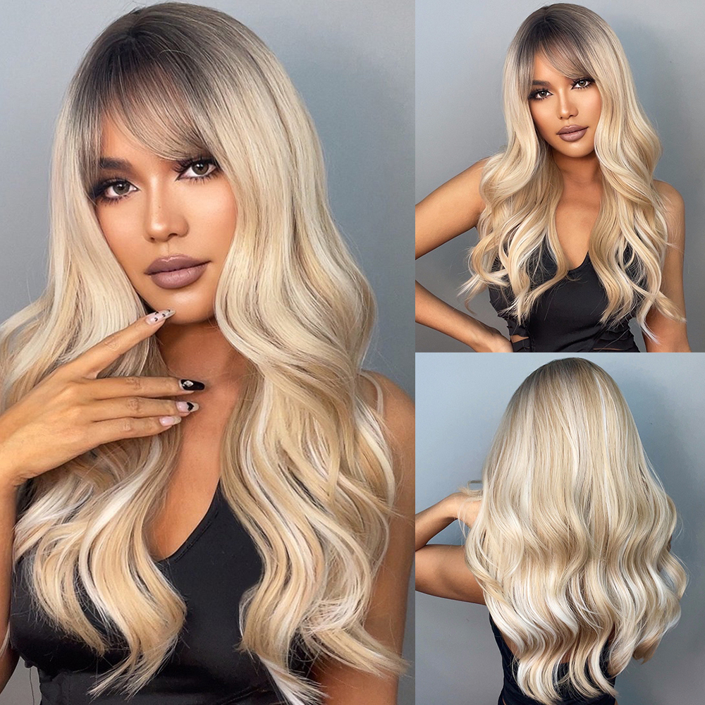 Copper Ginger Long Wavy Synthetic Wigs Red Yellow Wig with Bangs for Women Natural Cosplay Body Wave Heat Resistant Wig
