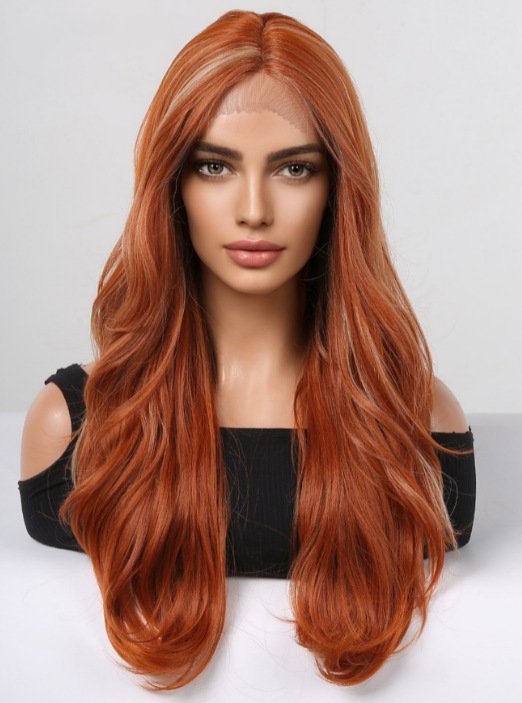 Long Brown Highlight Synthetic Lace Wig Natural Hairline T Part Lace Wig Daily Party Hair High Temperature Fiber