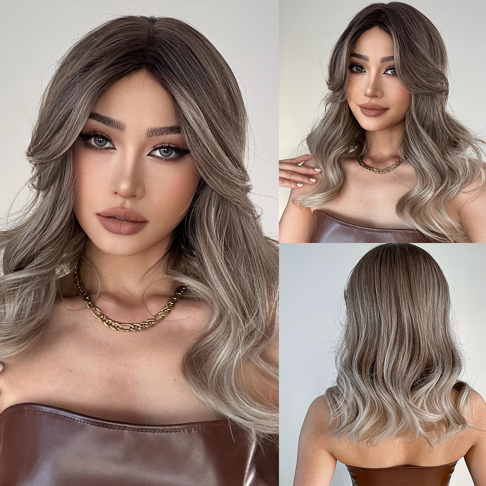 Ombre Brown Blonde Long wave  Synthetic Wigs Cosplay Wig for Women High Temperature Natural Fake Wigs