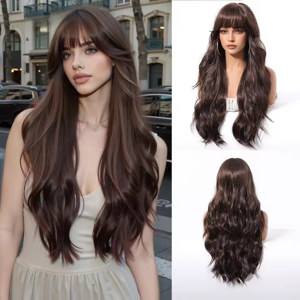 New Arrival Wigs with Bangs Water Ripple Long Curls for Women Atmosphere Wig High Quality Synthetic Heat Resistant Breathable Hair