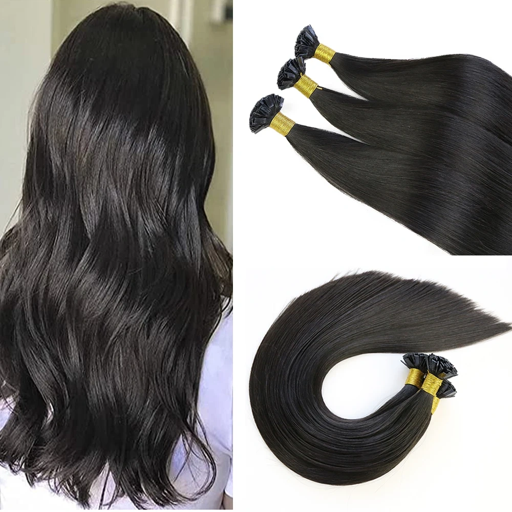 Natural Color flat Tip Remy Human Hair Extensions #1B Pre Bonded Keratin Stick 100% Human Hair Extensions