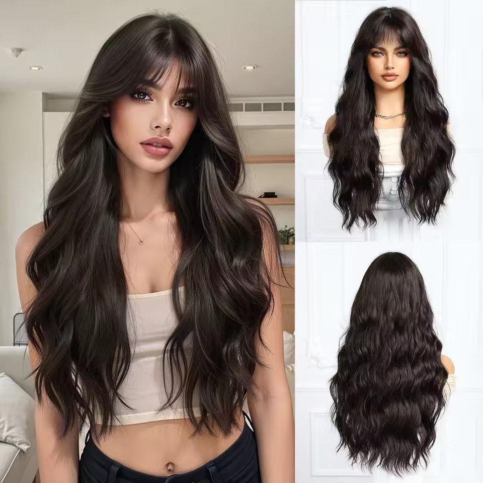 New Arrival Wigs with Bangs Water Ripple Long Curls for Women Atmosphere Wig High Quality Synthetic Heat Resistant Breathable Hair