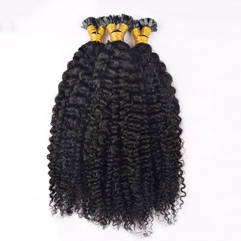 Natural  kinky curly Pre-bonded Keratin Flat Tip Hair Extensions Russian Virgin Fusion Human Hair Extensions 100g/pc