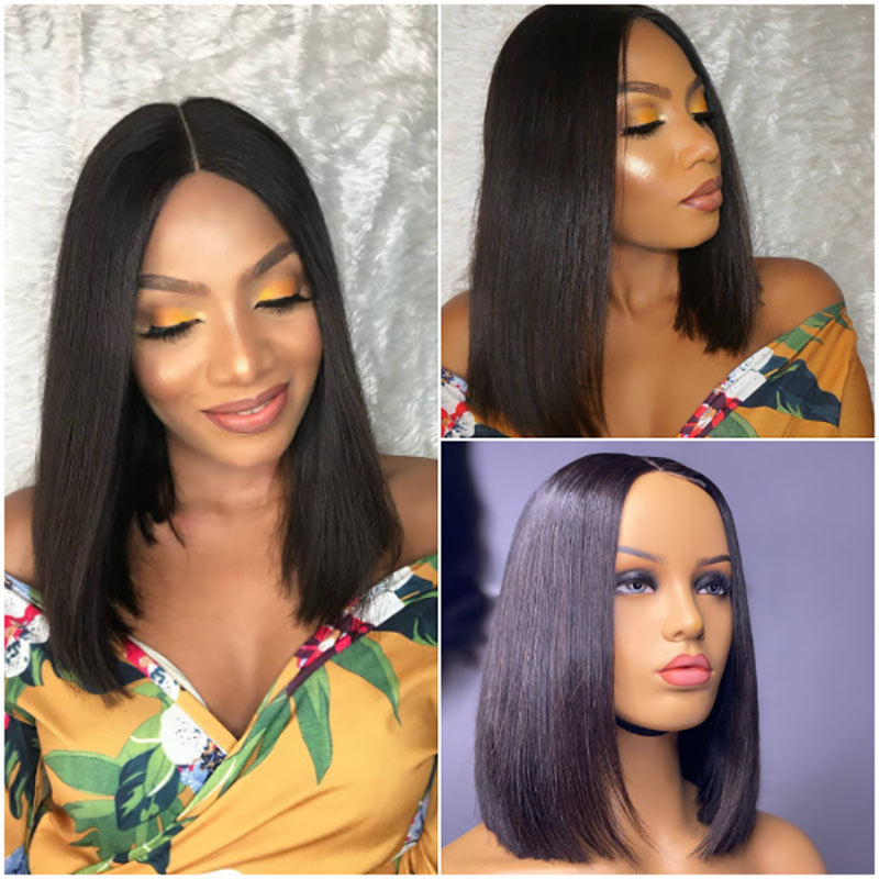 Natural Black Straight  Lace Wigs  4x4  Brazilian Remy Human hair  Wig Bob  Lace Frontal Wig