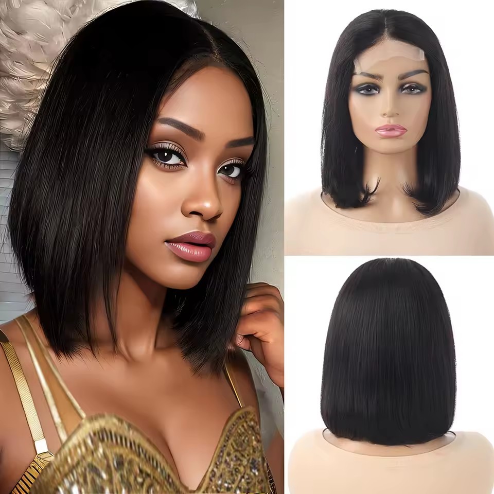 Natural Black Straight  Lace Wigs  4x4  Brazilian Remy Human hair  Wig Bob  Lace Frontal Wig