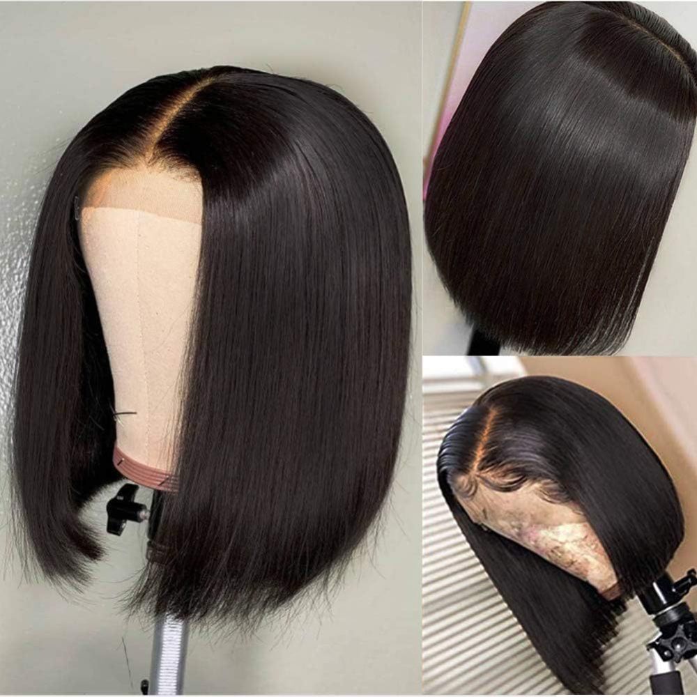 Natural Black Straight  Lace Wigs  4x4  Brazilian Remy Human hair  Wig Bob  Lace Frontal Wig