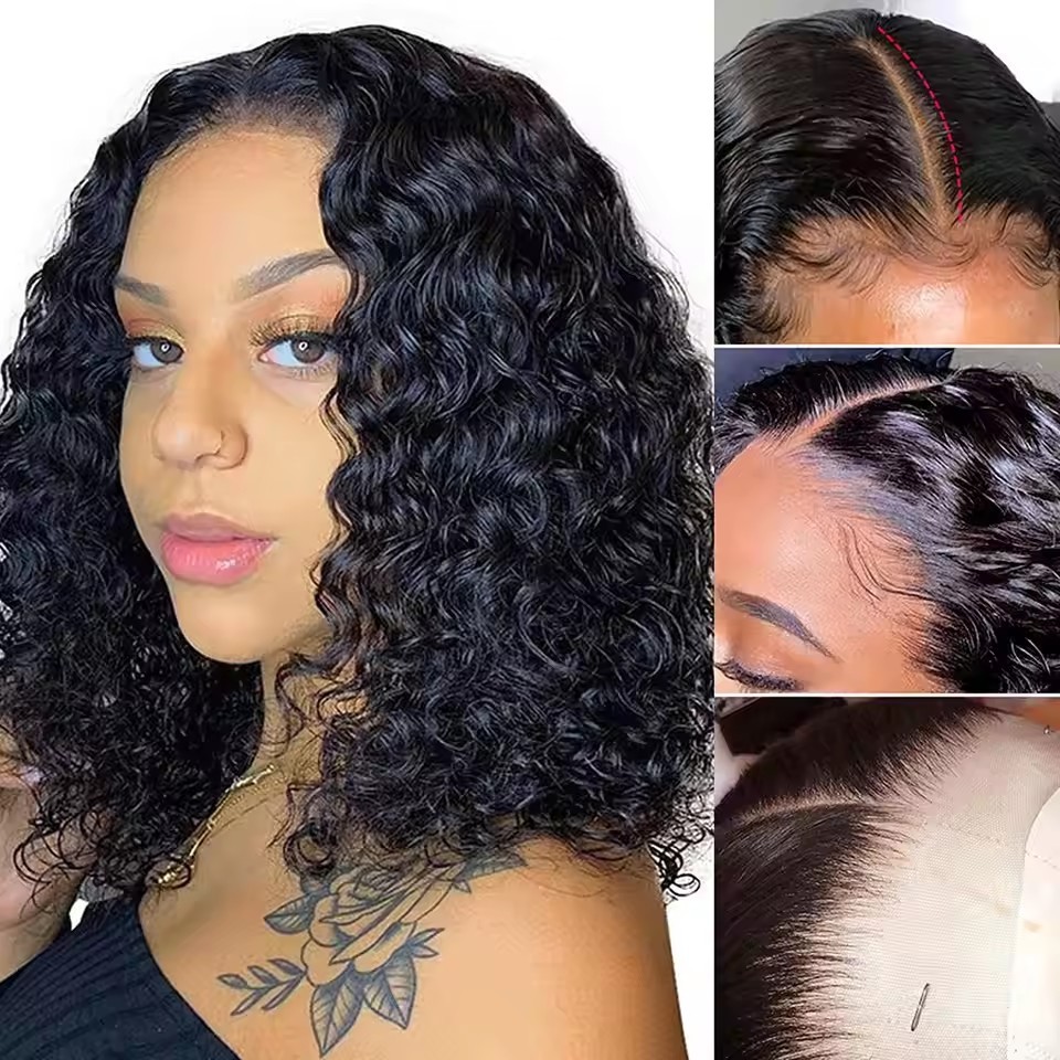 Natural Black  Water Wave Lace Wigs  4x4  Brazilian Deep Wave Bob Wig Lace Frontal Wig