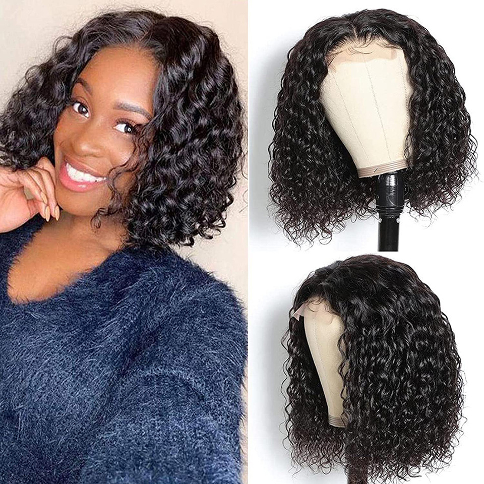Natural Black  Water Wave Lace Wigs  4x4  Human Hair Wigs 100% Remy Natural Hair Short Lace Frontal Wigs