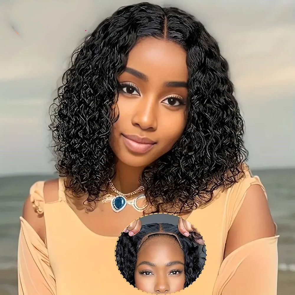 Natural Black  Water Wave Lace Wigs  4x4  Human Hair Wigs 100% Remy Natural Hair Short Lace Frontal Wigs