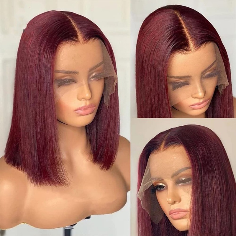 13x4 Bob Lace  Wig Malaysain Straight Human Hair for Women wine red Bob Lace Front Human Hair Wigs