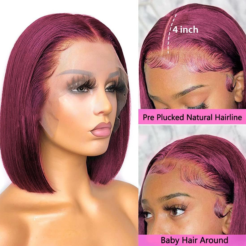 13x4 Bob Lace  Wig Malaysain Straight Human Hair for Women wine red Bob Lace Front Human Hair Wigs
