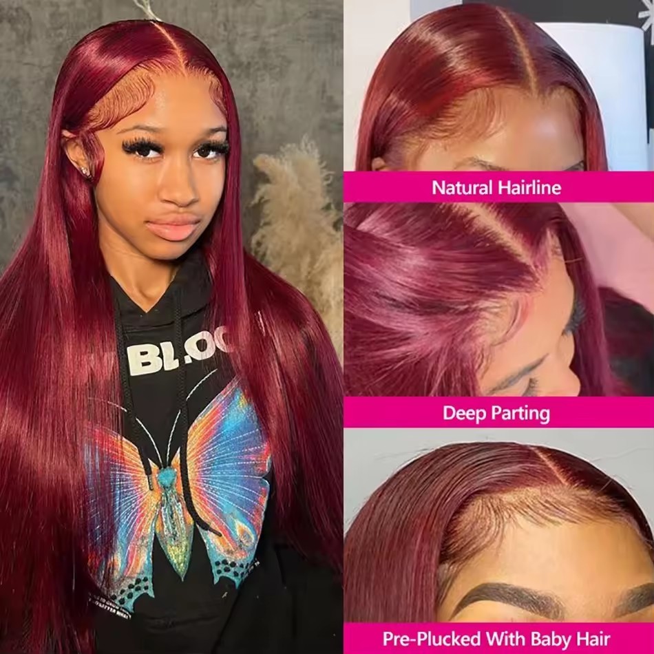 99J Burgundy 13x4 Colored  Lace Front Wig Human Hair Wigs PrePlucked  Peruvian Straight Lace Frontal Human Hair Wig