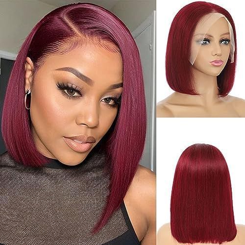 13x4 Bob Lace  Wig Malaysain Straight Human Hair for Women wine red Bob Lace Front Human Hair Wigs
