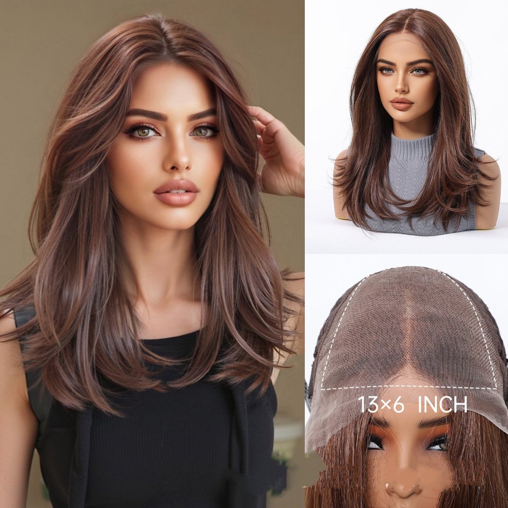 13x6 Lace Front Wig Brown straight Synthetic Wigs for Women Daily Party Cosplay Use Heat Resistant Fiber  Wigs