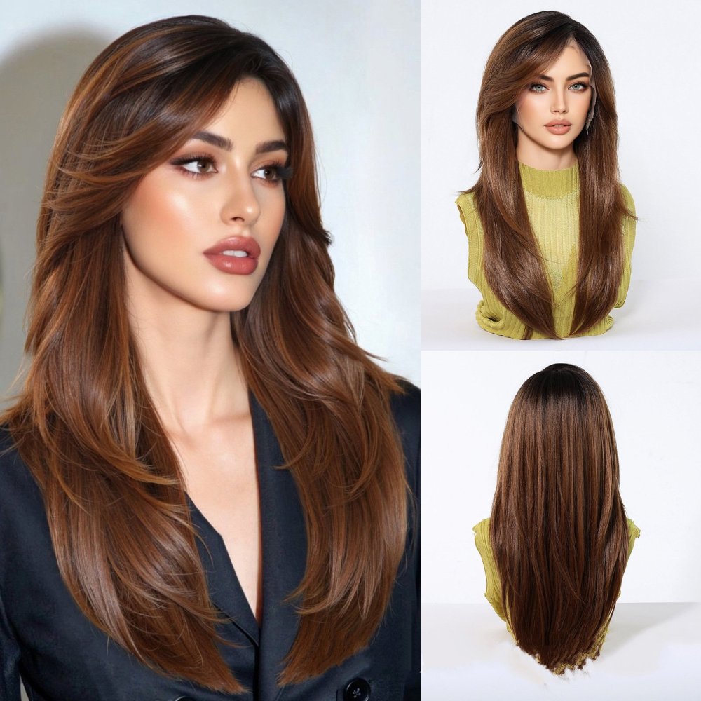 13x6 Lace Front Wig Brown straight Synthetic Wigs for Women Daily Party Cosplay Use Heat Resistant Fiber  Wigs