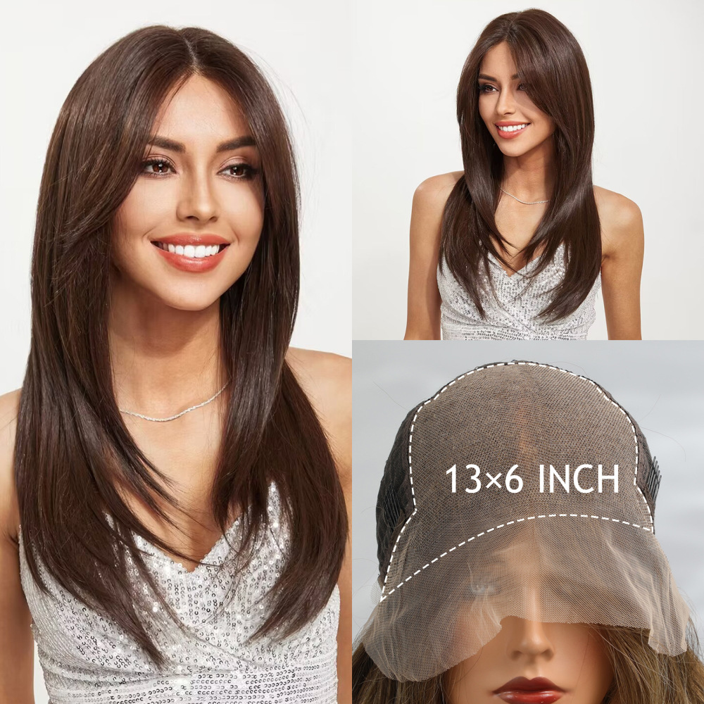 13x6 Lace Front Wig Brown straight Synthetic Wigs for Women Daily Party Cosplay Use Heat Resistant Fiber  Wigs