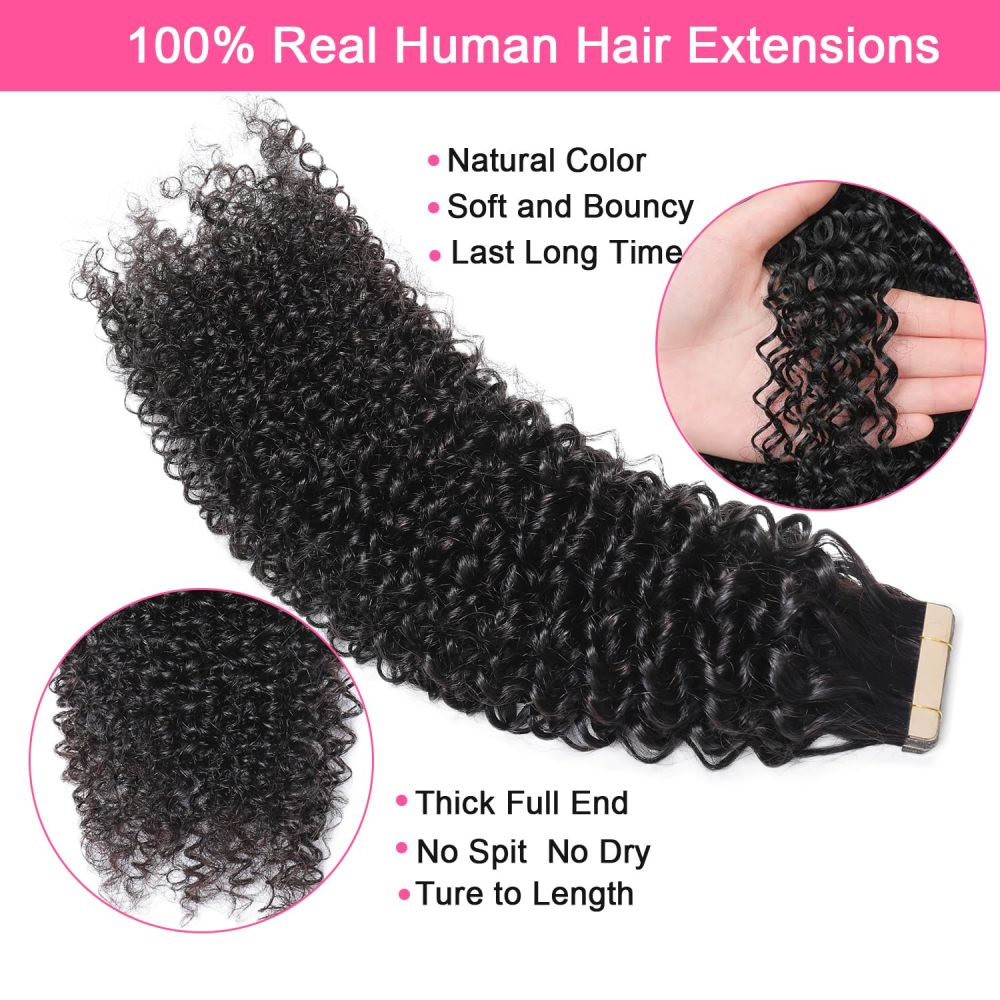 9A  Black Kinky Curly Tape in Extensions Human Hair Remy  Afro Curly Tape in Extensions 10-30 inch  100G/Pack