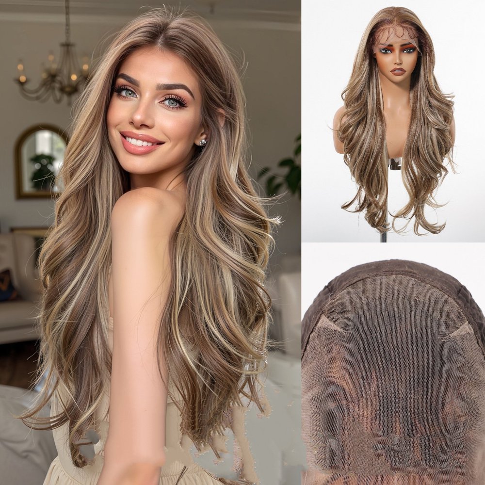 13*6 Lace Frontal Synthetic Hair Wigs Blonde Mixed Brown Daily Party Wig Long Body Wavy Lace Front Wigs for Wome