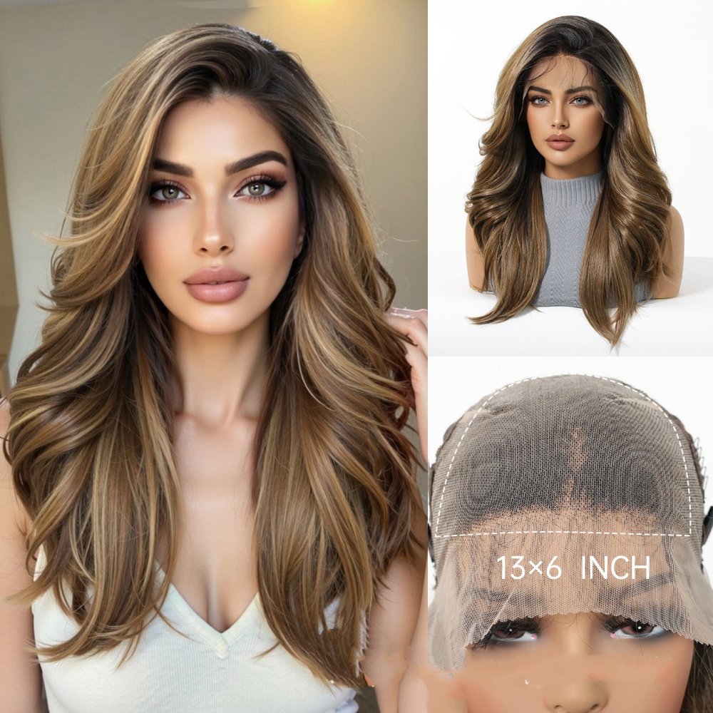 13*6 Lace Frontal Synthetic Hair Wigs Blonde Mixed Brown Daily Party Wig Long Body Wavy Lace Front Wigs for Wome