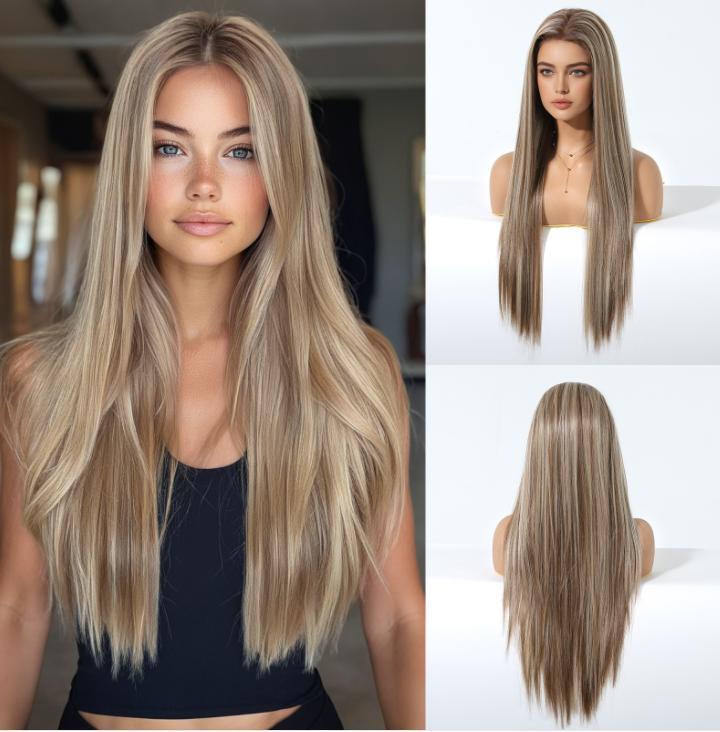 13*6 Lace Frontal Synthetic Hair Wigs Blonde Mixed Brown Daily Party Wig Long Body Wavy Lace Front Wigs for Wome