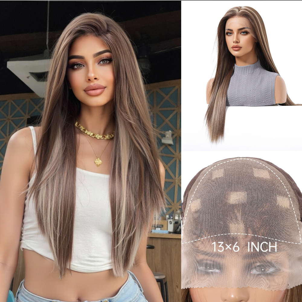 13*6 Lace Frontal Synthetic Hair Wigs Blonde Mixed Brown Daily Party Wig Long Body Wavy Lace Front Wigs for Wome