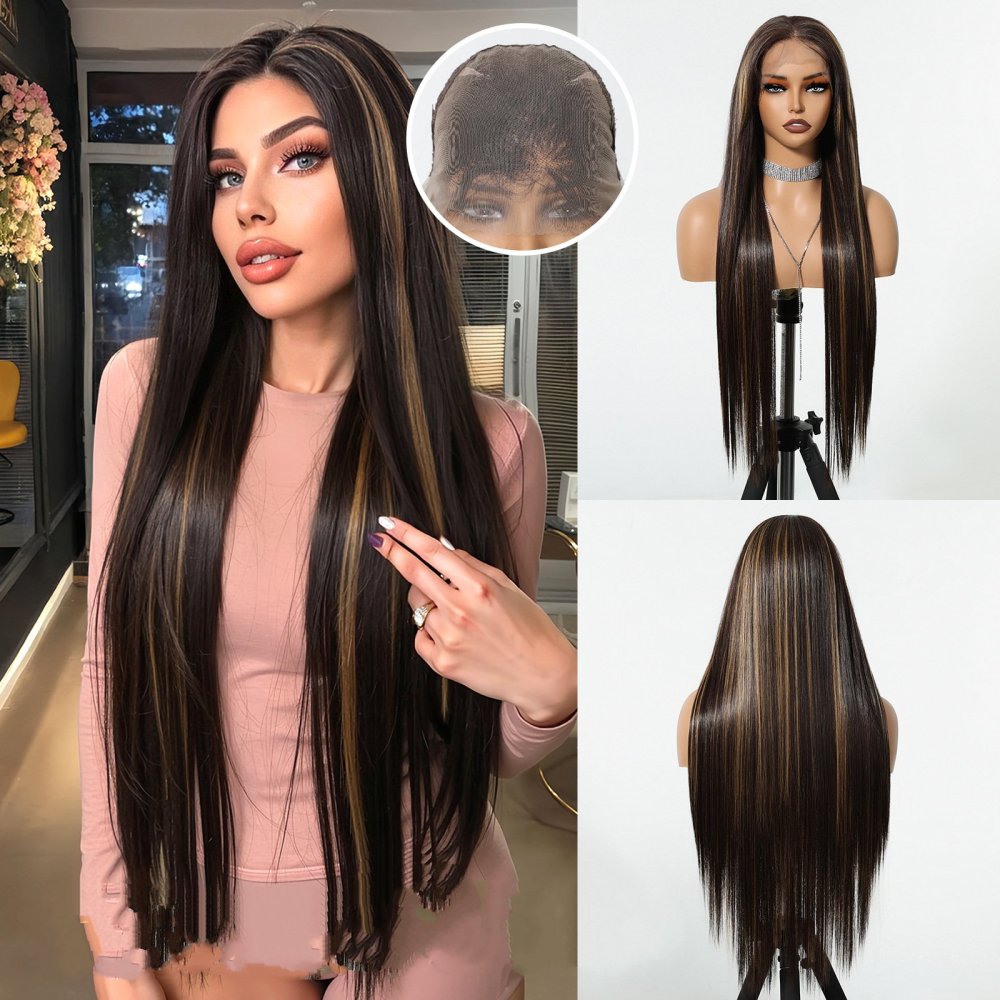 13*6 Lace Frontal Synthetic Hair Wigs Blonde Mixed Brown Daily Party Wig Long Body Wavy Lace Front Wigs for Wome