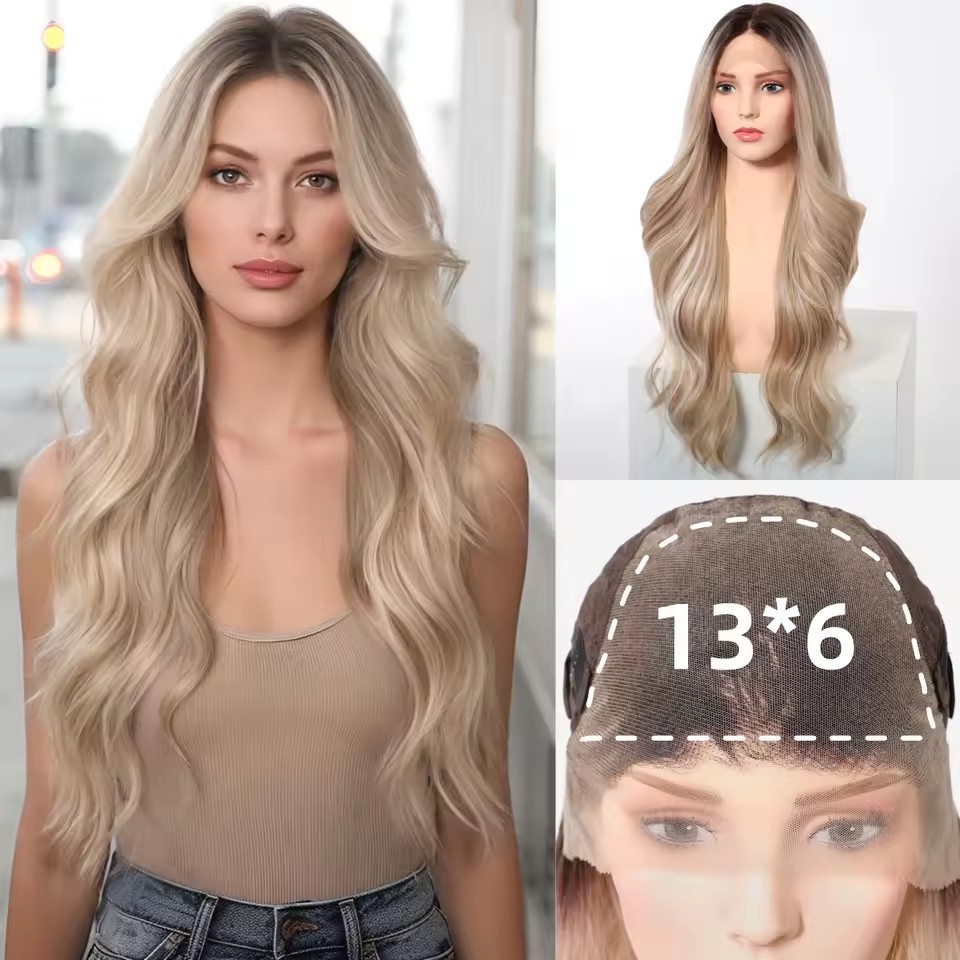 13*6 Lace Frontal Synthetic Hair Wigs Blonde Mixed Brown Daily Party Wig Long Body Wavy Lace Front Wigs for Wome