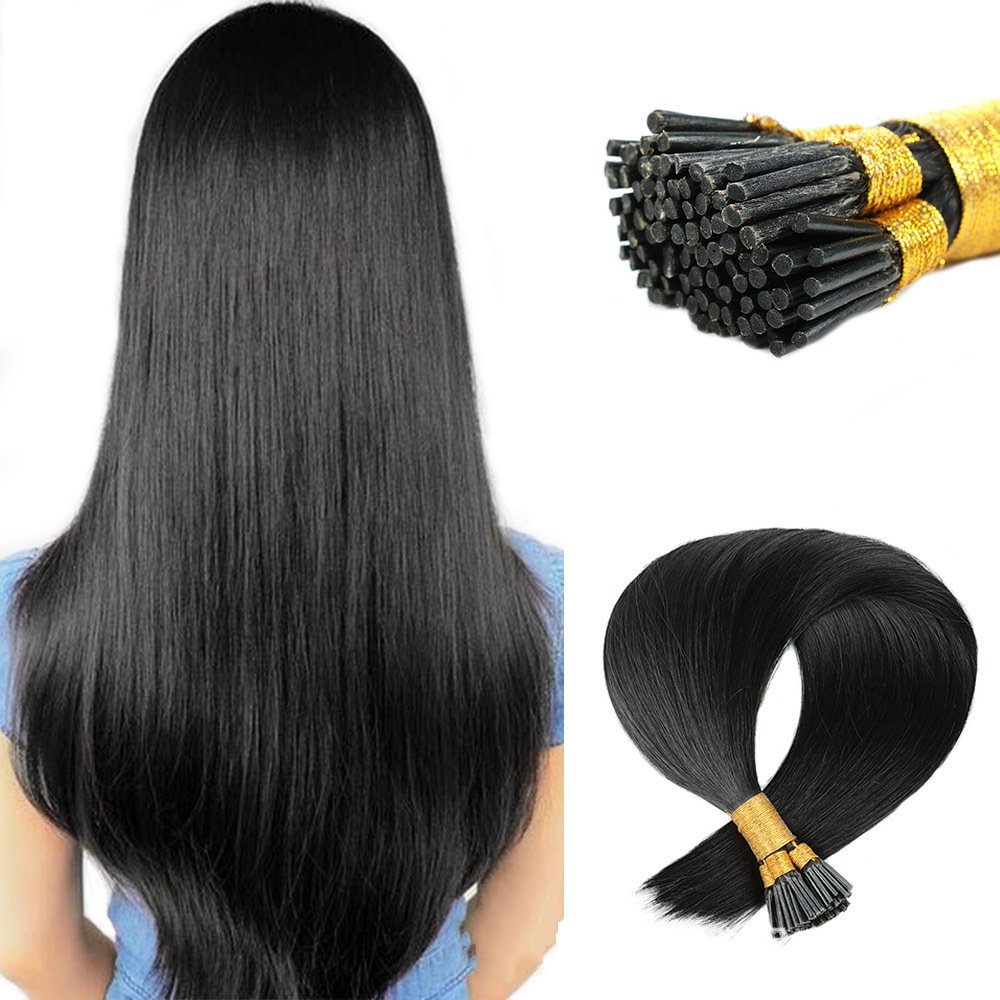 9A  Jet l Black 1# Pre Bonded Keratin I Tip Fusion Hair Stick Hair Extensions 100% Real Human Hair 100gr/Pac