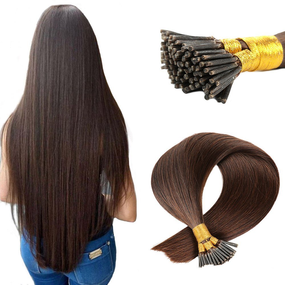 9A  Dark Brown 2# Pre Bonded Keratin I Tip Fusion Hair Stick Hair Extensions 100% Real Human Hair 100gr/Pac