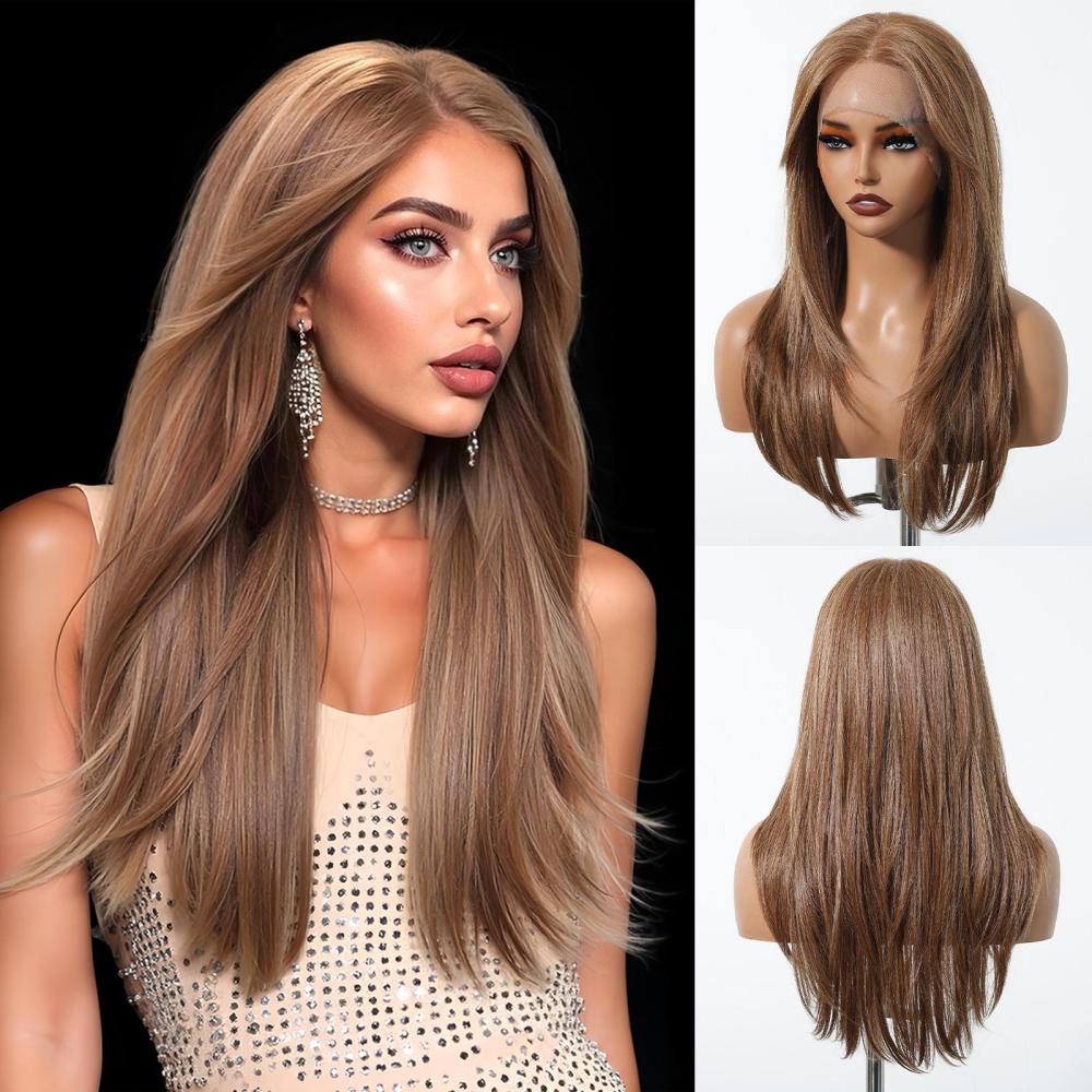 13*6 Lace Frontal Synthetic Hair Wigs Blonde Mixed Brown Daily Party Wig Long Body Wavy Lace Front Wigs
