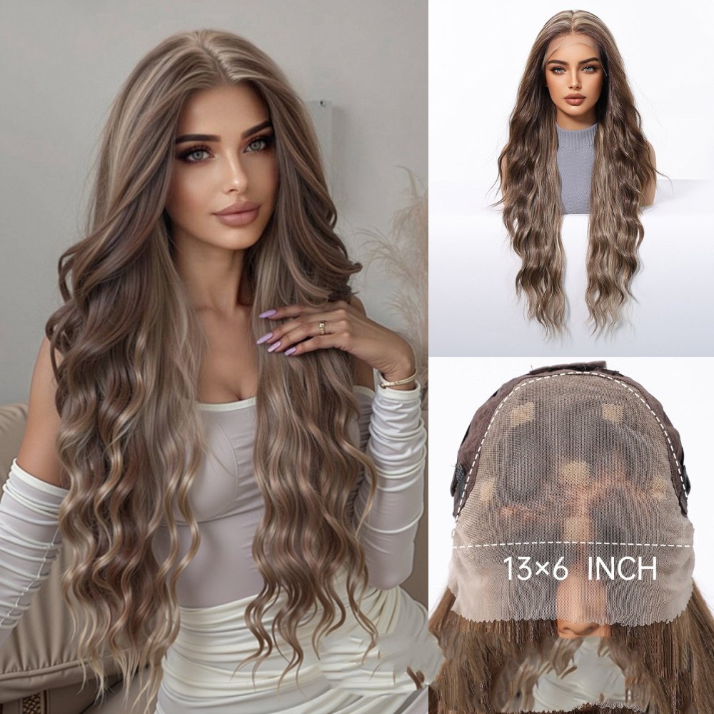 13*6 Lace Frontal Synthetic Hair Wigs Blonde Mixed Brown Daily Party Wig Long Body Wavy Lace Front Wigs