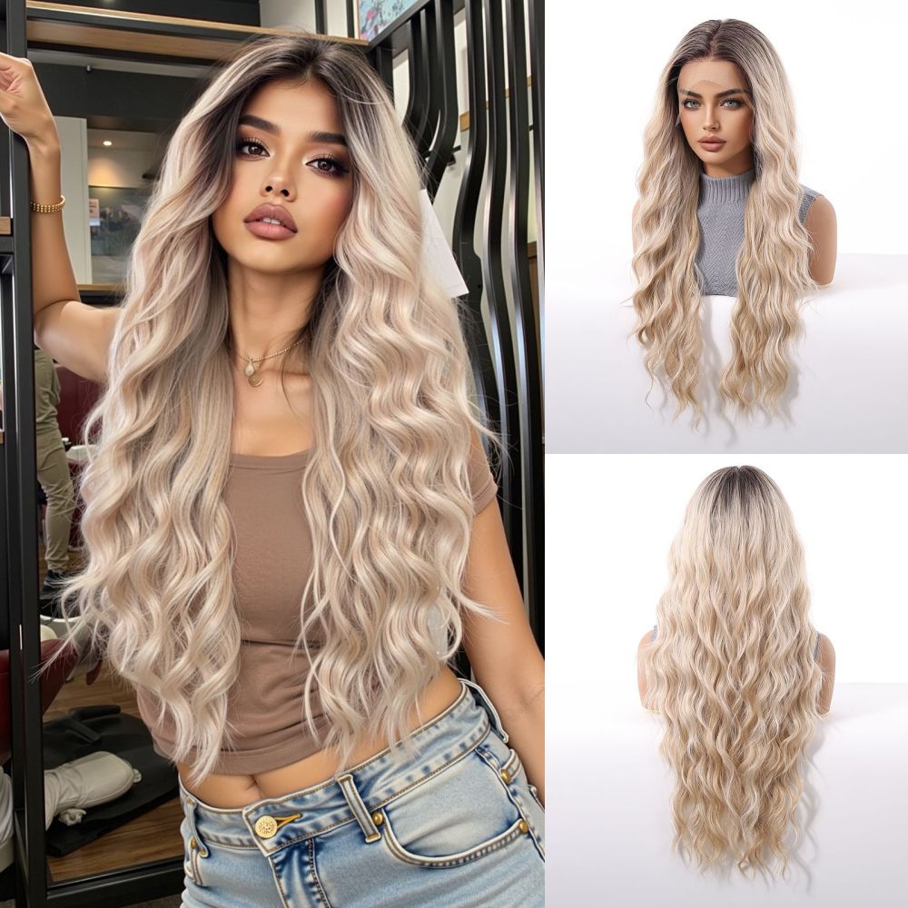 13*6 Lace Frontal Synthetic Hair Wigs Blonde Mixed Brown Daily Party Wig Long Body Wavy Lace Front Wigs