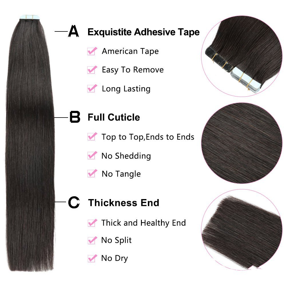 Natural Black #1B Straight Tape In Hair Extensions Remy Hair Extensions Tape In 50g Per Pack Seamless tape hair extensions 16-26Inch