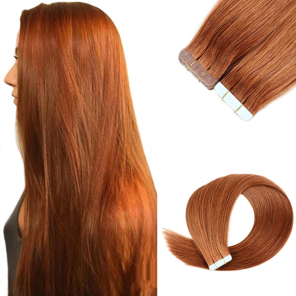 20pcs 50grams  Light Cooper  #30  Tape In Remy Hair Extensions Virgin Remy Hair Extensions Seamless  tape hair