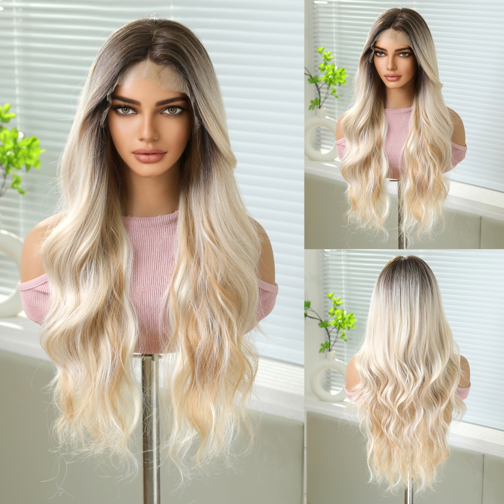 13*6 Lace Synthetic Wigs Long Ombre Blonde Wig Layered Straight Hair for Women Natural Daily Use Heat Resistant Wigs