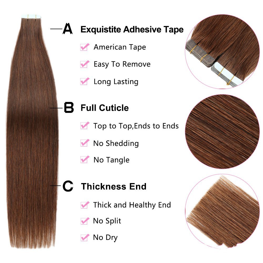 20pcs Brown #4 Tape In Hair Extensions Remy Human Hair Extensions Natural Human  Hair For Women