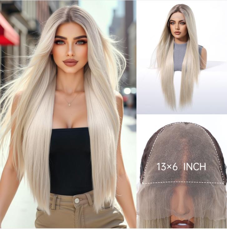 13*6 Lace Synthetic Wigs Long Ombre Blonde Wig Layered Straight Hair for Women Natural Daily Use Heat Resistant Wigs