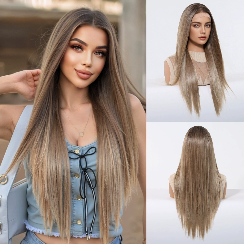 13*6 Lace Synthetic Wigs Long Ombre Blonde Wig Layered Straight Hair for Women Natural Daily Use Heat Resistant Wigs